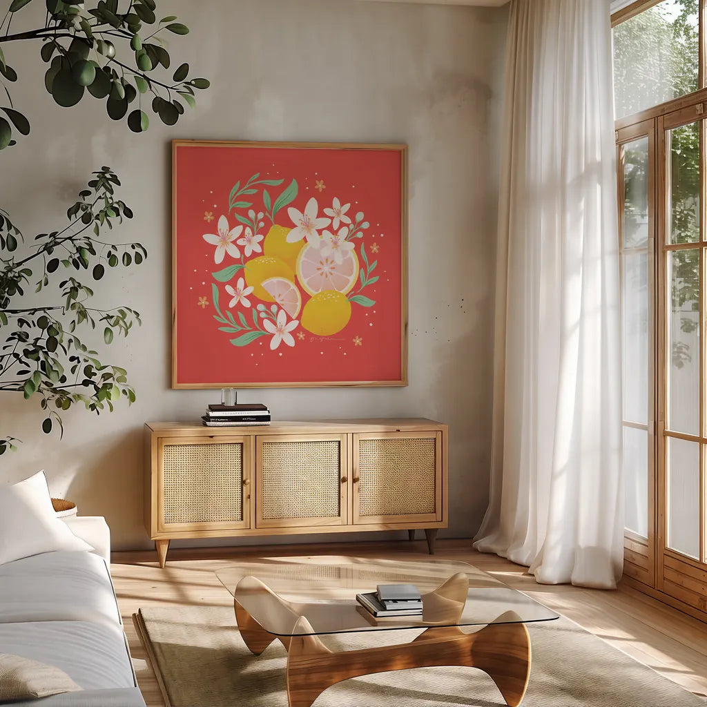 Fruit Punch III by Gia Graham. Shown in a natural wood frame in a cozy modern living room. Available as an archival giclee rolled canvas, fine art paper, or poster print. SKU 82882a.