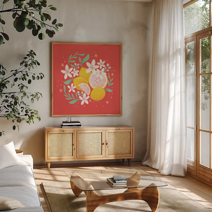 Fruit Punch III by Gia Graham. Shown in a natural wood frame in a cozy modern living room. Available as an archival giclee rolled canvas, fine art paper, or poster print. SKU 82882a.