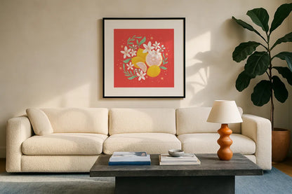 Fruit Punch III by Gia Graham. Displayed in a glass frame with matte in a clean modern living room. Available as an archival giclee rolled canvas, fine art paper, or poster print. SKU 82882a.