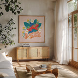 Fruit Punch IV by Gia Graham. Shown in a natural wood frame in a cozy modern living room. Available as an archival giclee rolled canvas, fine art paper, or poster print. SKU 82883a.