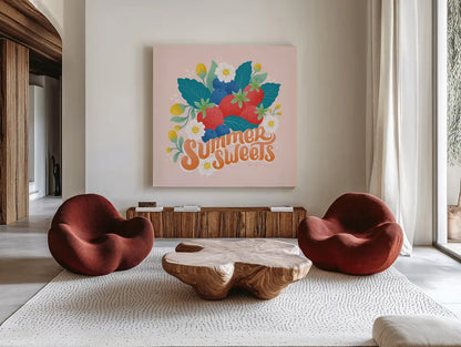 Fruit Punch IV by Gia Graham. Shown as extra-large giant wall art in a modern living room. Available as an archival giclee rolled canvas, fine art paper, or poster print. SKU 82883a.