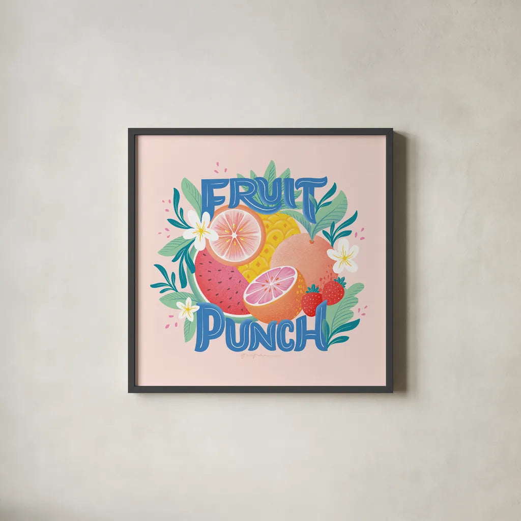 Fruit Punch V by Gia Graham. Shown in a sleek black glass frame for a contemporary gallery look. Available as an archival giclee rolled canvas, fine art paper, or poster print. SKU 82884a.