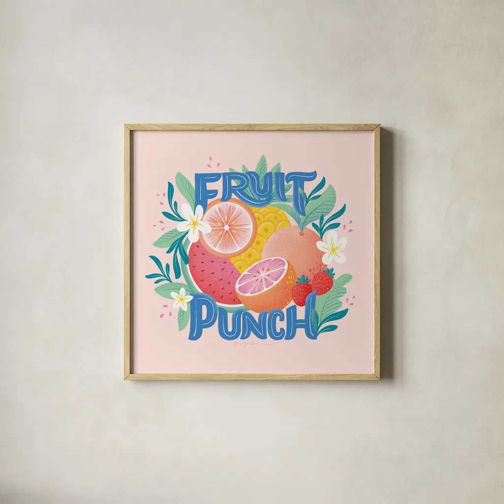Fruit Punch V by Gia Graham. Shown in a natural wood glass frame for a timeless modern aesthetic. Available as an archival giclee rolled canvas, fine art paper, or poster print. SKU 82884a.