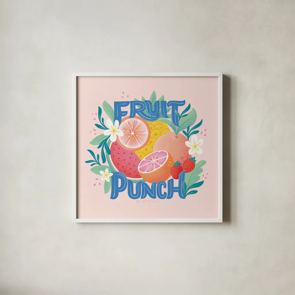 Fruit Punch V by Gia Graham. Shown in a crisp white glass frame for a clean and minimalist style. Available as an archival giclee rolled canvas, fine art paper, or poster print. SKU 82884a.