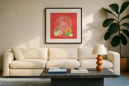 Fruit Punch VII by Gia Graham. Displayed in a glass frame with matte in a clean modern living room. Available as an archival giclee rolled canvas, fine art paper, or poster print. SKU 82886a.