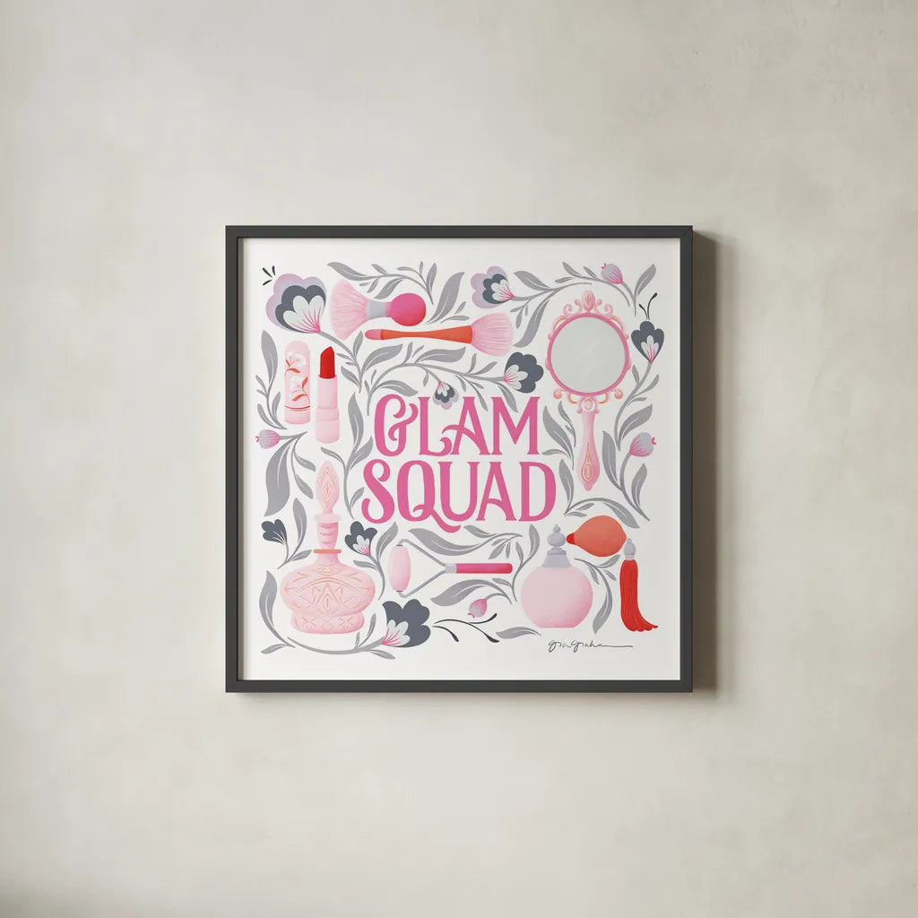 Glam Squad I by Gia Graham. Shown in a sleek black glass frame for a contemporary gallery look. Available as an archival giclee rolled canvas, fine art paper, or poster print. SKU 72658a.