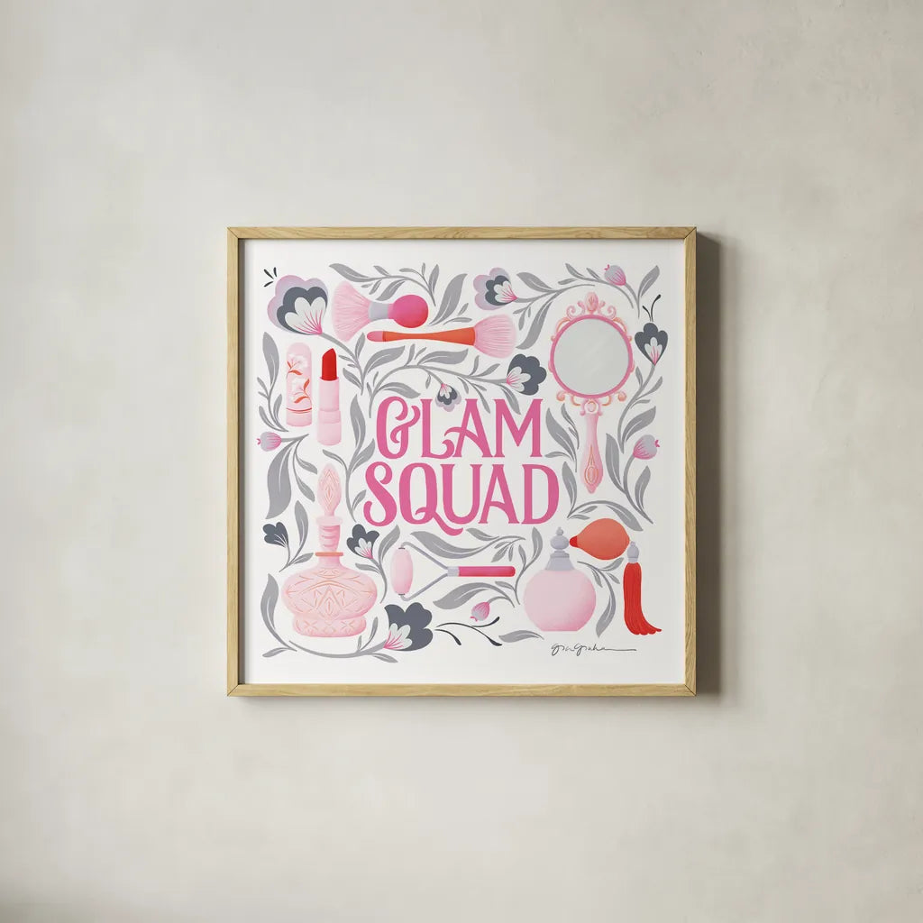 Glam Squad I by Gia Graham. Shown in a natural wood glass frame for a timeless modern aesthetic. Available as an archival giclee rolled canvas, fine art paper, or poster print. SKU 72658a.