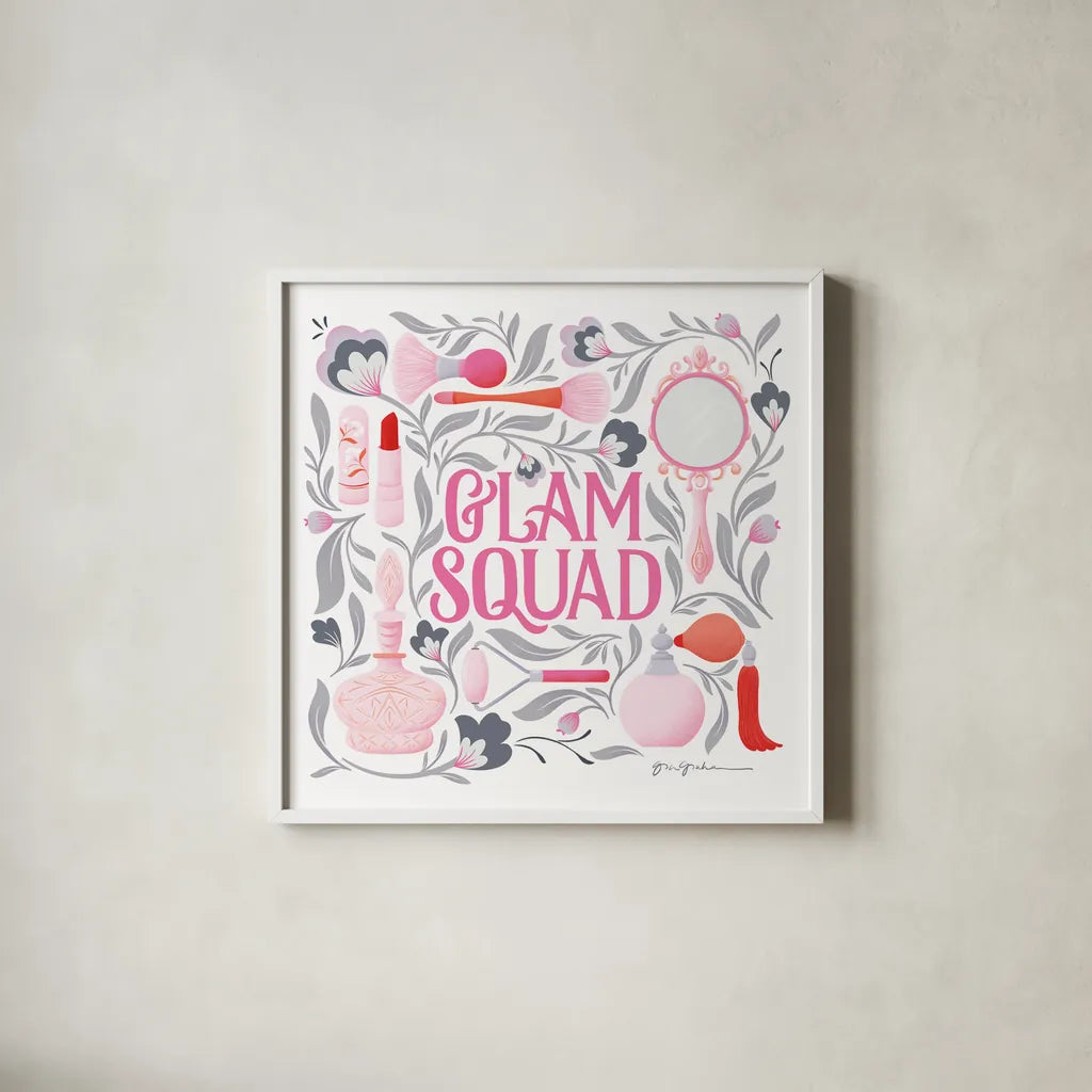 Glam Squad I by Gia Graham. Shown in a crisp white glass frame for a clean and minimalist style. Available as an archival giclee rolled canvas, fine art paper, or poster print. SKU 72658a.