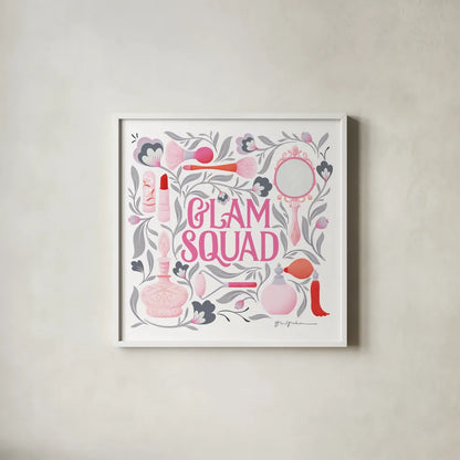 Glam Squad I by Gia Graham. Shown in a crisp white glass frame for a clean and minimalist style. Available as an archival giclee rolled canvas, fine art paper, or poster print. SKU 72658a.