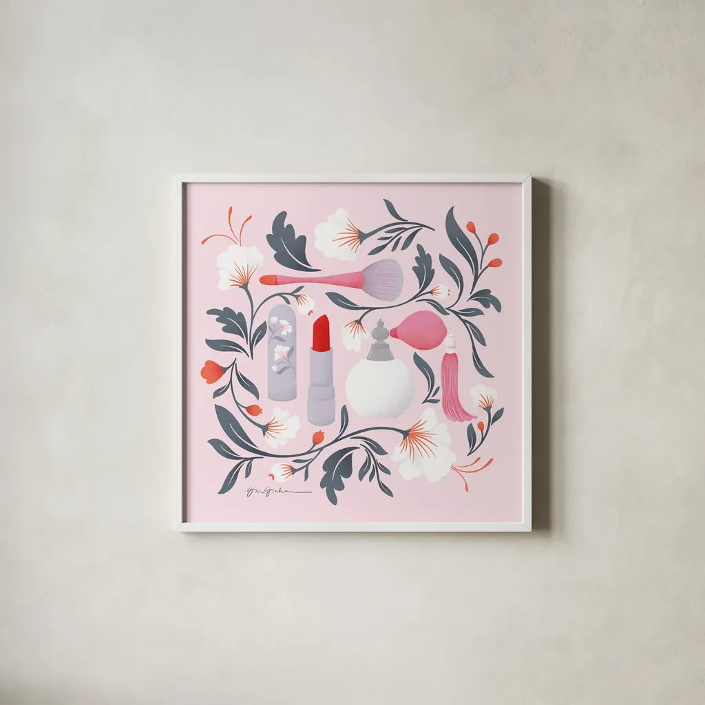 Glam Squad II by Gia Graham. Shown in a crisp white glass frame for a clean and minimalist style. Available as an archival giclee rolled canvas, fine art paper, or poster print. SKU 72659a.