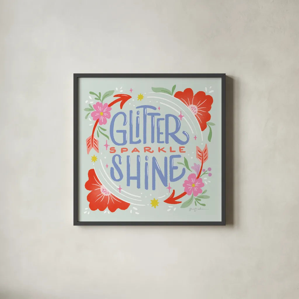 Glitter Sparkle Shine I Sq by Gia Graham. Shown in a sleek black glass frame for a contemporary gallery look. Available as an archival giclee rolled canvas, fine art paper, or poster print. SKU 75073a.