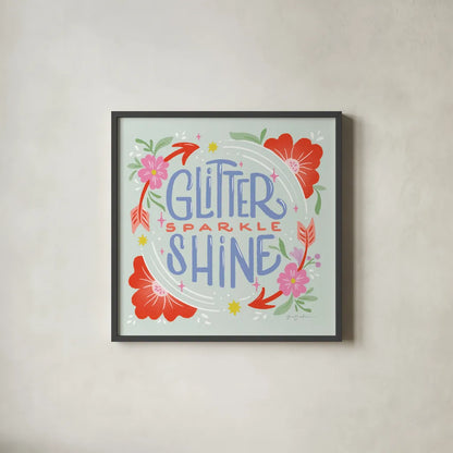 Glitter Sparkle Shine I Sq by Gia Graham. Shown in a sleek black glass frame for a contemporary gallery look. Available as an archival giclee rolled canvas, fine art paper, or poster print. SKU 75073a.