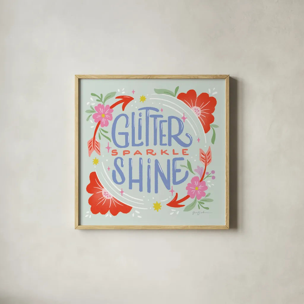 Glitter Sparkle Shine I Sq by Gia Graham. Shown in a natural wood glass frame for a timeless modern aesthetic. Available as an archival giclee rolled canvas, fine art paper, or poster print. SKU 75073a.
