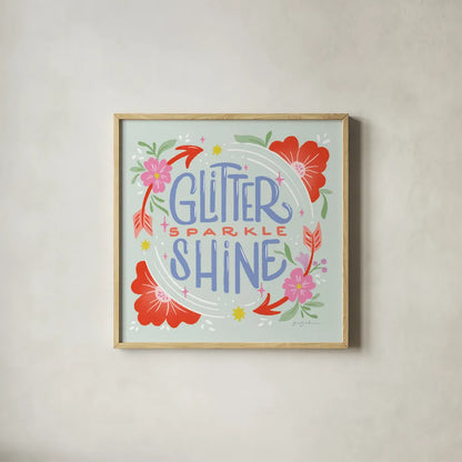 Glitter Sparkle Shine I Sq by Gia Graham. Shown in a natural wood glass frame for a timeless modern aesthetic. Available as an archival giclee rolled canvas, fine art paper, or poster print. SKU 75073a.