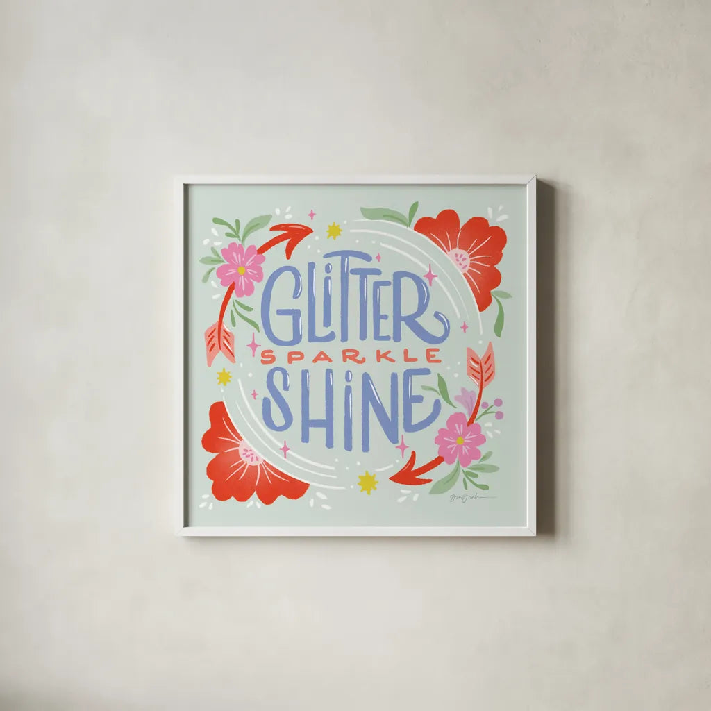 Glitter Sparkle Shine I Sq by Gia Graham. Shown in a crisp white glass frame for a clean and minimalist style. Available as an archival giclee rolled canvas, fine art paper, or poster print. SKU 75073a.