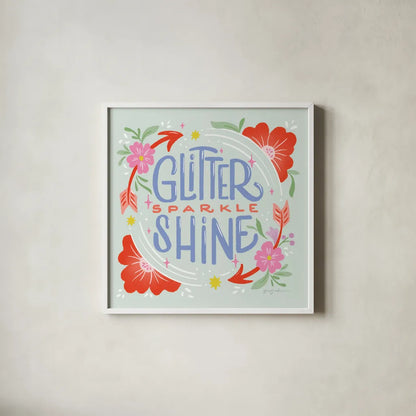 Glitter Sparkle Shine I Sq by Gia Graham. Shown in a crisp white glass frame for a clean and minimalist style. Available as an archival giclee rolled canvas, fine art paper, or poster print. SKU 75073a.