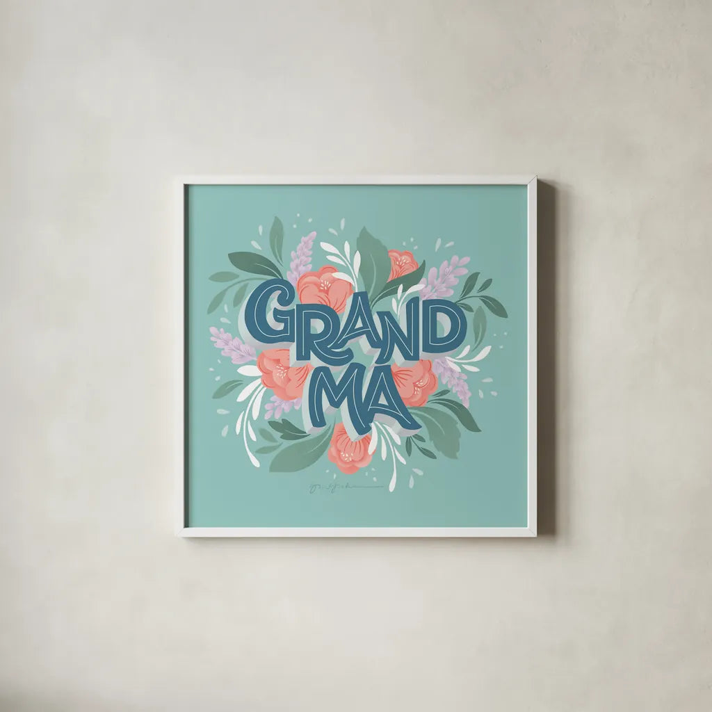 Grandma by Gia Graham. Shown in a crisp white glass frame for a clean and minimalist style. Available as an archival giclee rolled canvas, fine art paper, or poster print. SKU 67313a.