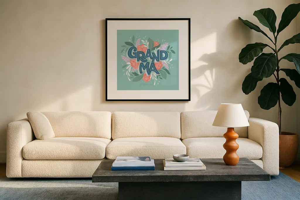Grandma by Gia Graham. Displayed in a glass frame with matte in a clean modern living room. Available as an archival giclee rolled canvas, fine art paper, or poster print. SKU 67313a.