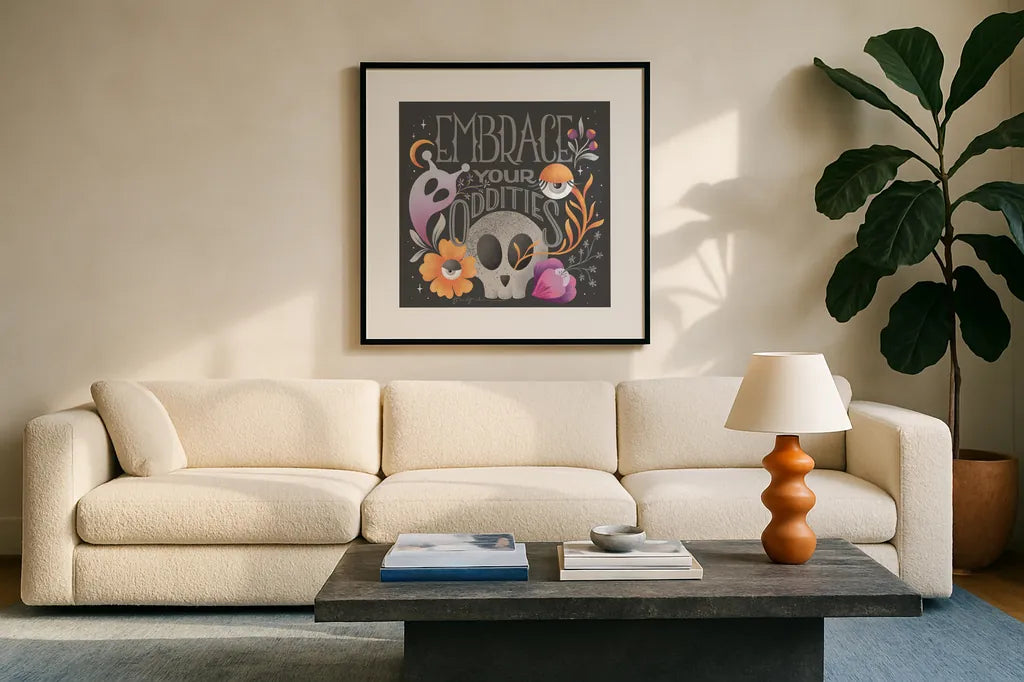 Halloween Spirit I by Gia Graham. Displayed in a glass frame with matte in a clean modern living room. Available as an archival giclee rolled canvas, fine art paper, or poster print. SKU 89415a.