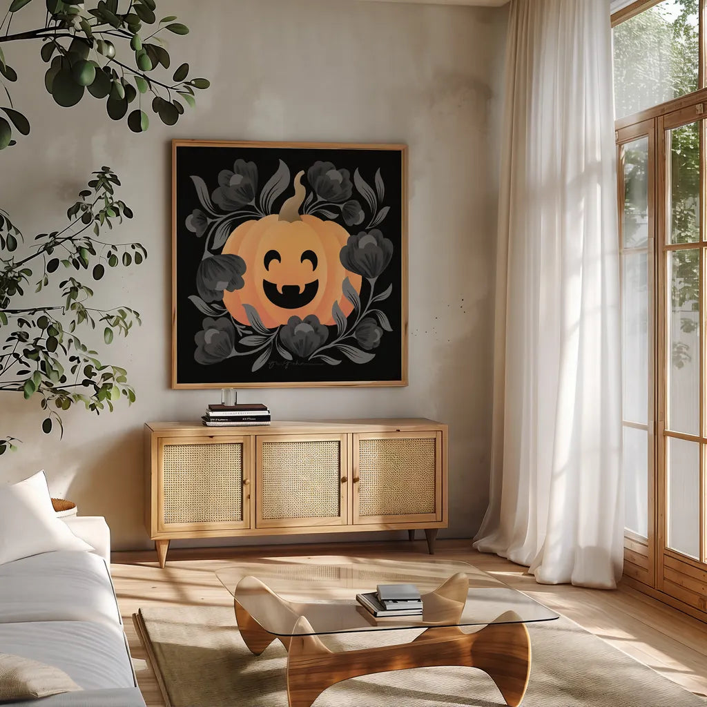 Halloween Spirit III by Gia Graham. Shown in a natural wood frame in a cozy modern living room. Available as an archival giclee rolled canvas, fine art paper, or poster print. SKU 89417a.