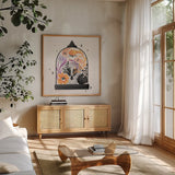 Halloween Spirit IV by Gia Graham. Shown in a natural wood frame in a cozy modern living room. Available as an archival giclee rolled canvas, fine art paper, or poster print. SKU 89418a.