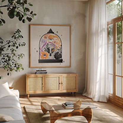 Halloween Spirit IV by Gia Graham. Shown in a natural wood frame in a cozy modern living room. Available as an archival giclee rolled canvas, fine art paper, or poster print. SKU 89418a.