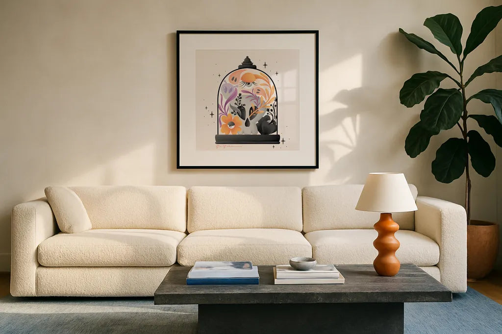 Halloween Spirit IV by Gia Graham. Displayed in a glass frame with matte in a clean modern living room. Available as an archival giclee rolled canvas, fine art paper, or poster print. SKU 89418a.
