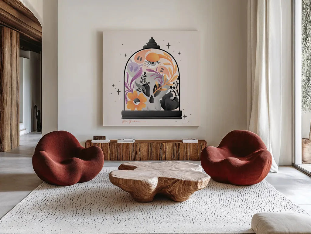 Halloween Spirit IV by Gia Graham. Shown as extra-large giant wall art in a modern living room. Available as an archival giclee rolled canvas, fine art paper, or poster print. SKU 89418a.