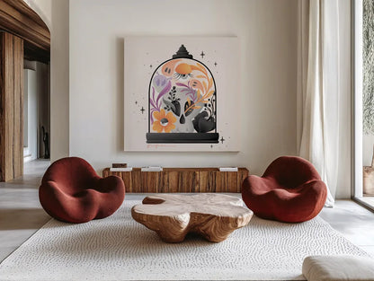 Halloween Spirit IV by Gia Graham. Shown as extra-large giant wall art in a modern living room. Available as an archival giclee rolled canvas, fine art paper, or poster print. SKU 89418a.