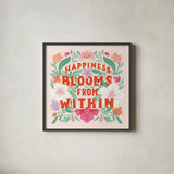 Happiness Blooms I by Gia Graham. Shown in a sleek black glass frame for a contemporary gallery look. Available as an archival giclee rolled canvas, fine art paper, or poster print. SKU 84681a.