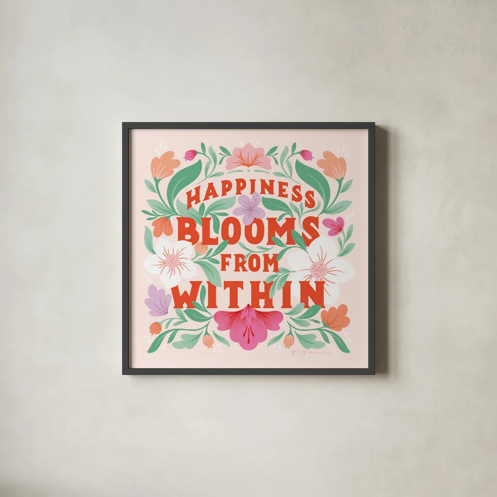 Happiness Blooms I by Gia Graham. Shown in a sleek black glass frame for a contemporary gallery look. Available as an archival giclee rolled canvas, fine art paper, or poster print. SKU 84681a.