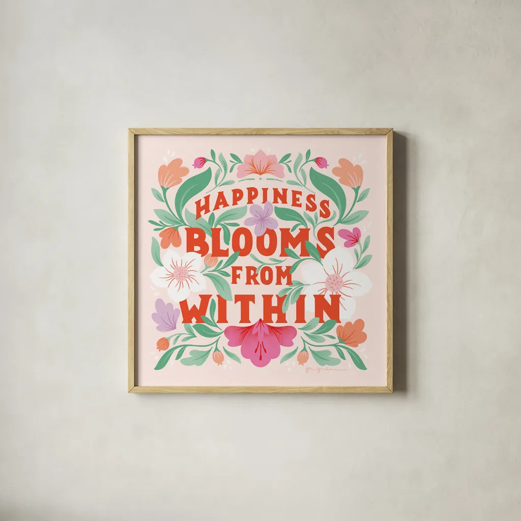 Happiness Blooms I by Gia Graham. Shown in a natural wood glass frame for a timeless modern aesthetic. Available as an archival giclee rolled canvas, fine art paper, or poster print. SKU 84681a.