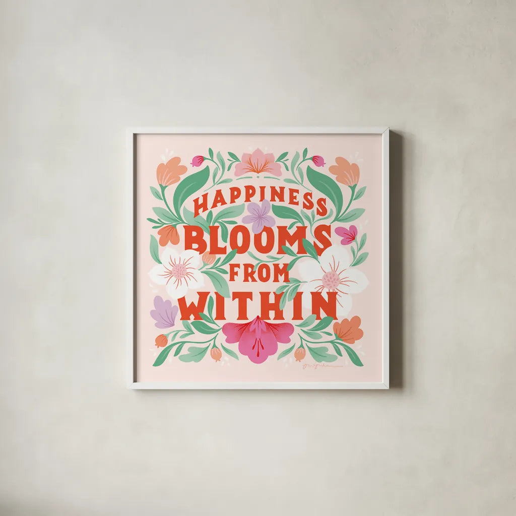 Happiness Blooms I by Gia Graham. Shown in a crisp white glass frame for a clean and minimalist style. Available as an archival giclee rolled canvas, fine art paper, or poster print. SKU 84681a.