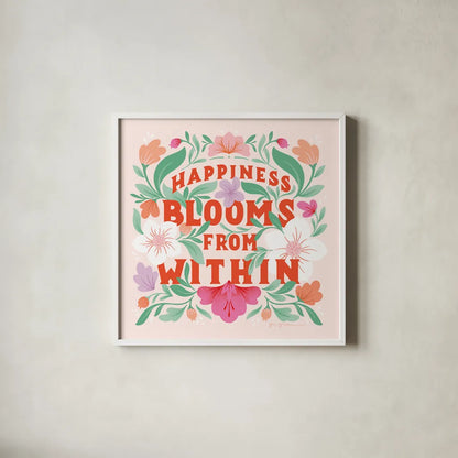 Happiness Blooms I by Gia Graham. Shown in a crisp white glass frame for a clean and minimalist style. Available as an archival giclee rolled canvas, fine art paper, or poster print. SKU 84681a.