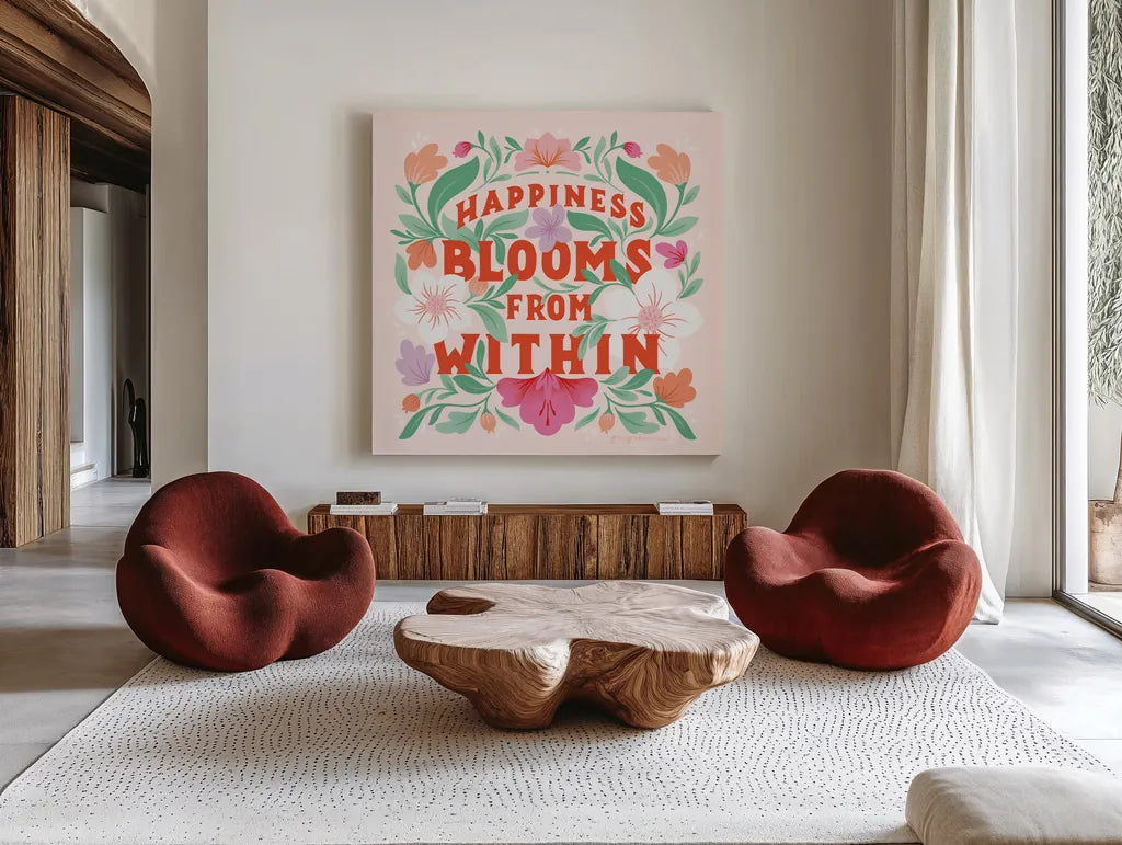 Happiness Blooms I by Gia Graham. Shown as extra-large giant wall art in a modern living room. Available as an archival giclee rolled canvas, fine art paper, or poster print. SKU 84681a.
