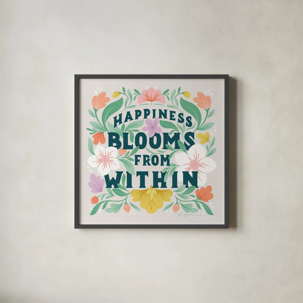 Happiness Blooms II by Gia Graham. Shown in a sleek black glass frame for a contemporary gallery look. Available as an archival giclee rolled canvas, fine art paper, or poster print. SKU 84682a.
