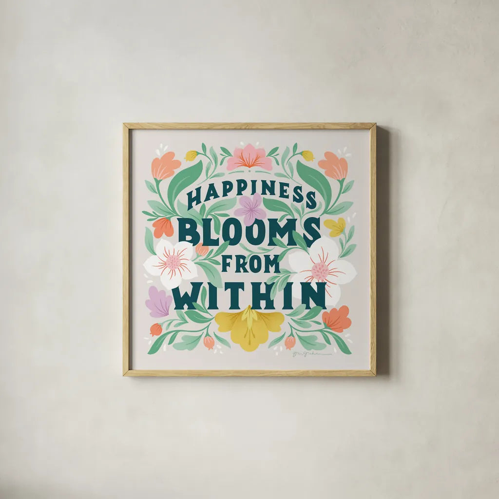 Happiness Blooms II by Gia Graham. Shown in a natural wood glass frame for a timeless modern aesthetic. Available as an archival giclee rolled canvas, fine art paper, or poster print. SKU 84682a.