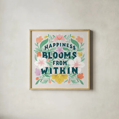 Happiness Blooms II by Gia Graham. Shown in a natural wood glass frame for a timeless modern aesthetic. Available as an archival giclee rolled canvas, fine art paper, or poster print. SKU 84682a.