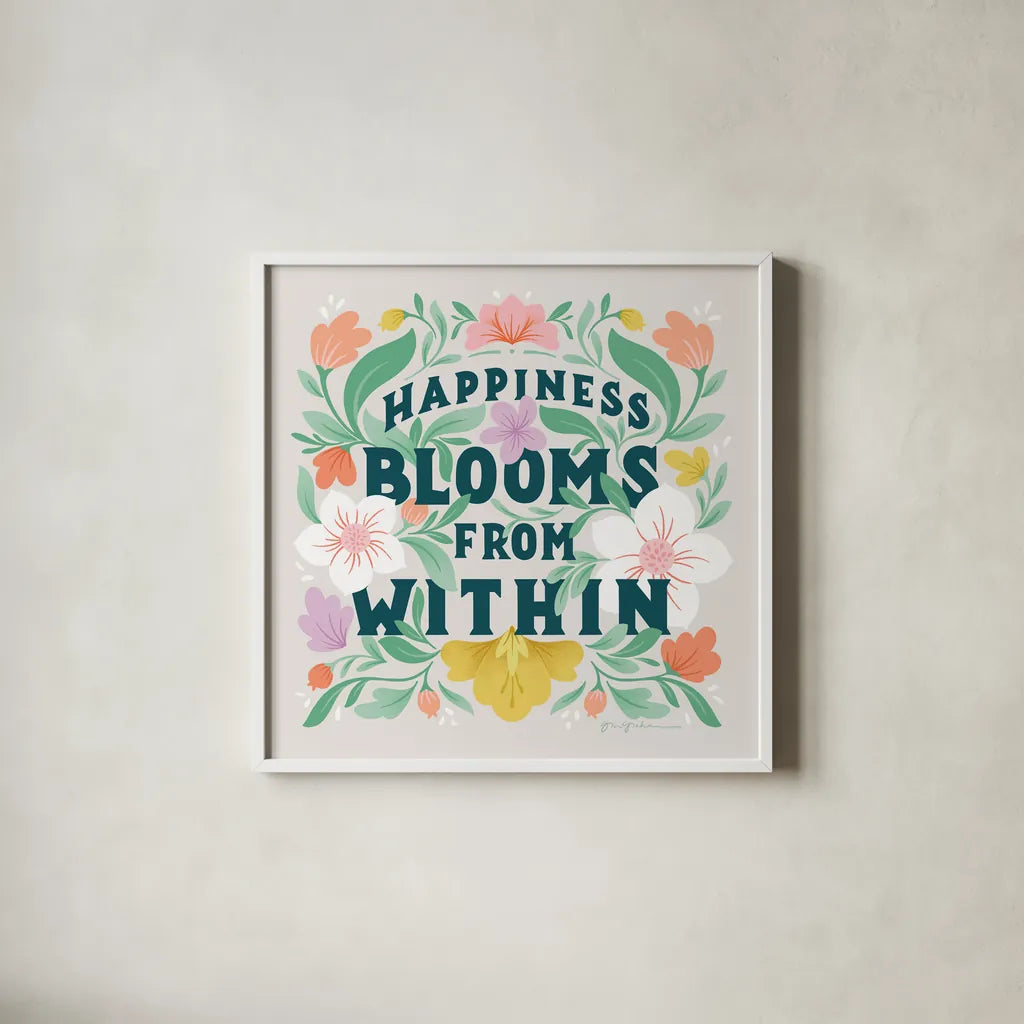 Happiness Blooms II by Gia Graham. Shown in a crisp white glass frame for a clean and minimalist style. Available as an archival giclee rolled canvas, fine art paper, or poster print. SKU 84682a.