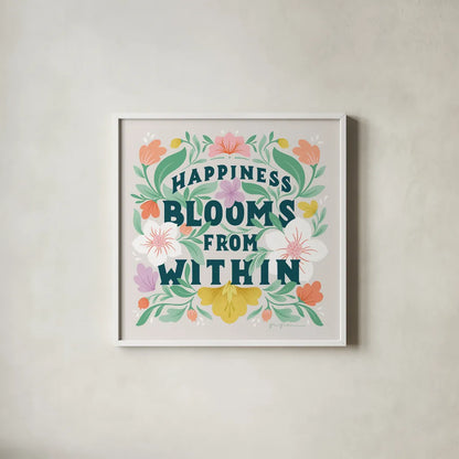 Happiness Blooms II by Gia Graham. Shown in a crisp white glass frame for a clean and minimalist style. Available as an archival giclee rolled canvas, fine art paper, or poster print. SKU 84682a.