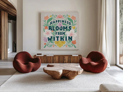 Happiness Blooms II by Gia Graham. Shown as extra-large giant wall art in a modern living room. Available as an archival giclee rolled canvas, fine art paper, or poster print. SKU 84682a.