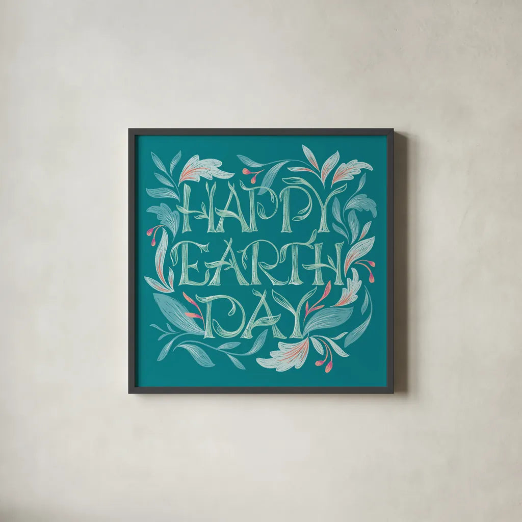 Happy Earth Day I by Gia Graham. Shown in a sleek black glass frame for a contemporary gallery look. Available as an archival giclee rolled canvas, fine art paper, or poster print. SKU 75356a.