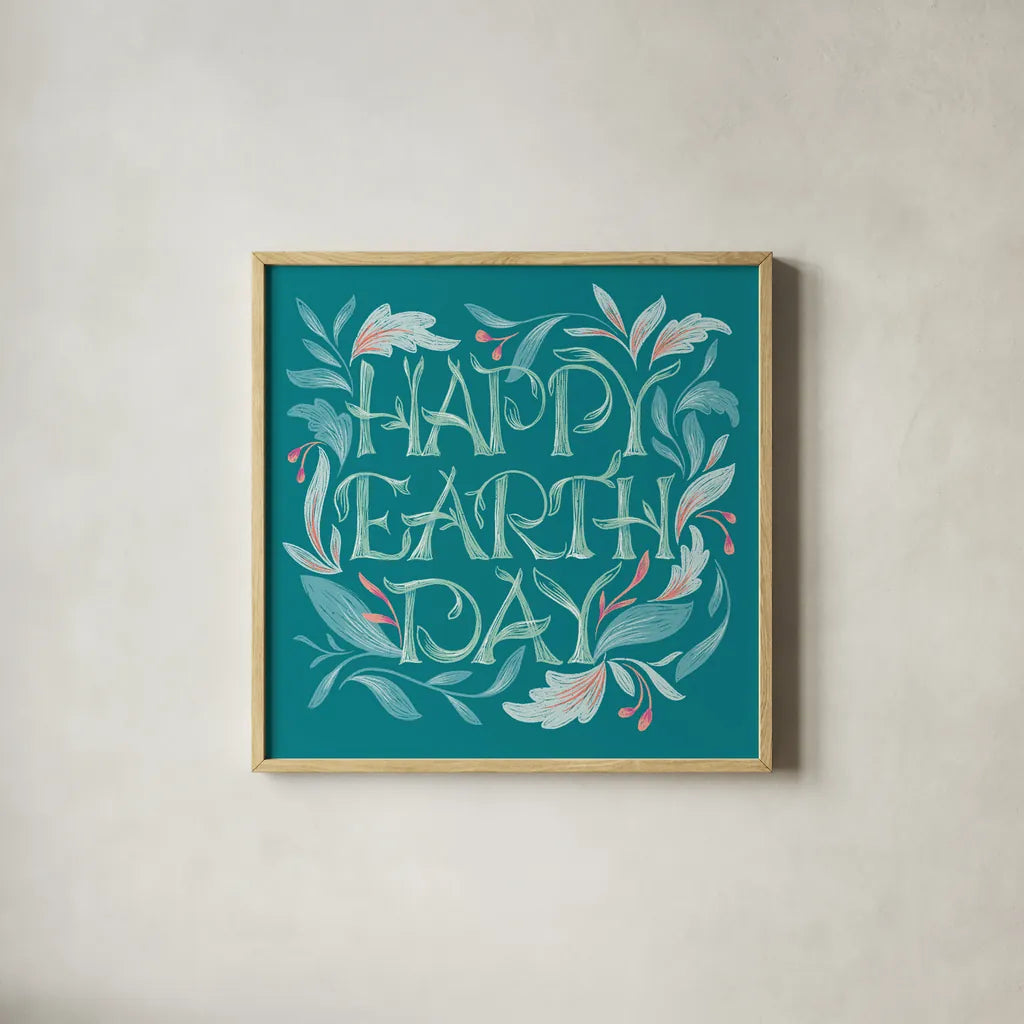 Happy Earth Day I by Gia Graham. Shown in a natural wood glass frame for a timeless modern aesthetic. Available as an archival giclee rolled canvas, fine art paper, or poster print. SKU 75356a.