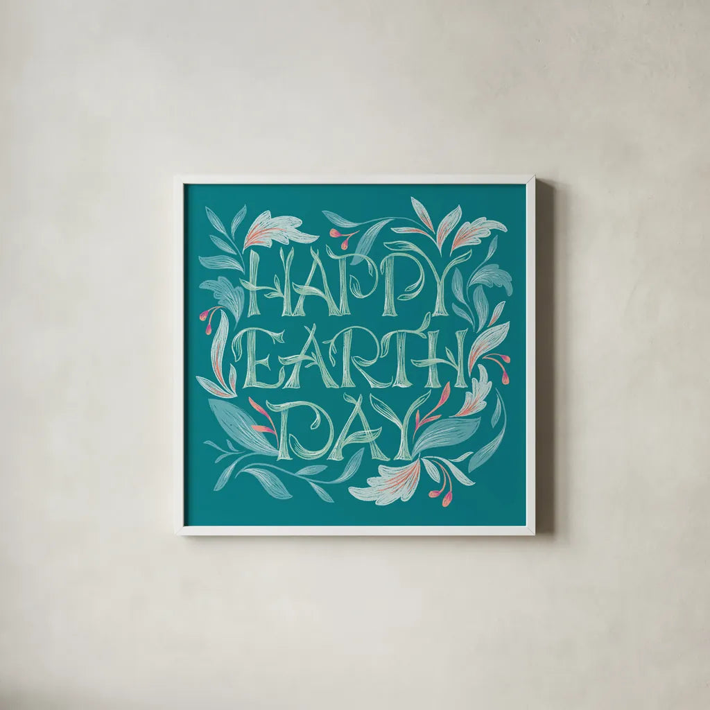 Happy Earth Day I by Gia Graham. Shown in a crisp white glass frame for a clean and minimalist style. Available as an archival giclee rolled canvas, fine art paper, or poster print. SKU 75356a.