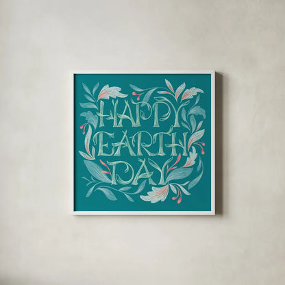 Happy Earth Day I by Gia Graham. Shown in a crisp white glass frame for a clean and minimalist style. Available as an archival giclee rolled canvas, fine art paper, or poster print. SKU 75356a.