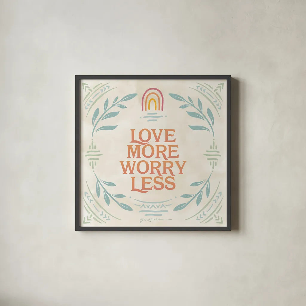 Heart and Mind II Love More by Gia Graham. Shown in a sleek black glass frame for a contemporary gallery look. Available as an archival giclee rolled canvas, fine art paper, or poster print. SKU 72726a.