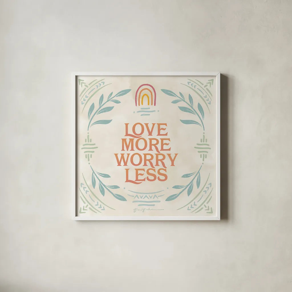 Heart and Mind II Love More by Gia Graham. Shown in a crisp white glass frame for a clean and minimalist style. Available as an archival giclee rolled canvas, fine art paper, or poster print. SKU 72726a.