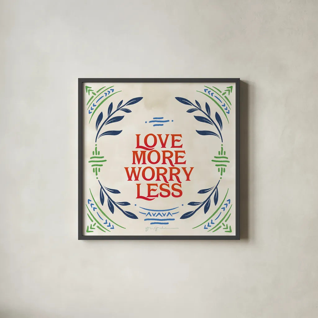 Heart and Mind II Love More Bright by Gia Graham. Shown in a sleek black glass frame for a contemporary gallery look. Available as an archival giclee rolled canvas, fine art paper, or poster print. SKU 79540a.