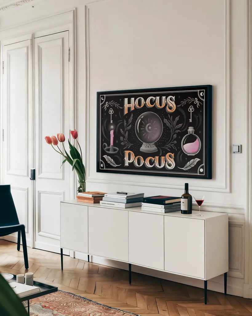 Hocus Pocus I by Gia Graham. shown as a framed stretched canvas in a living room above a console. Available as a archival giclee rolled canvas, fine art paper, or poster print. SKU 84334i.