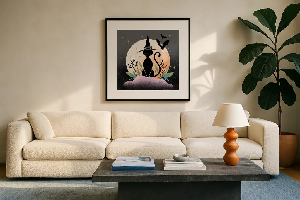 Hocus Pocus II by Gia Graham. Displayed in a glass frame with matte in a clean modern living room. Available as an archival giclee rolled canvas, fine art paper, or poster print. SKU 84335a.